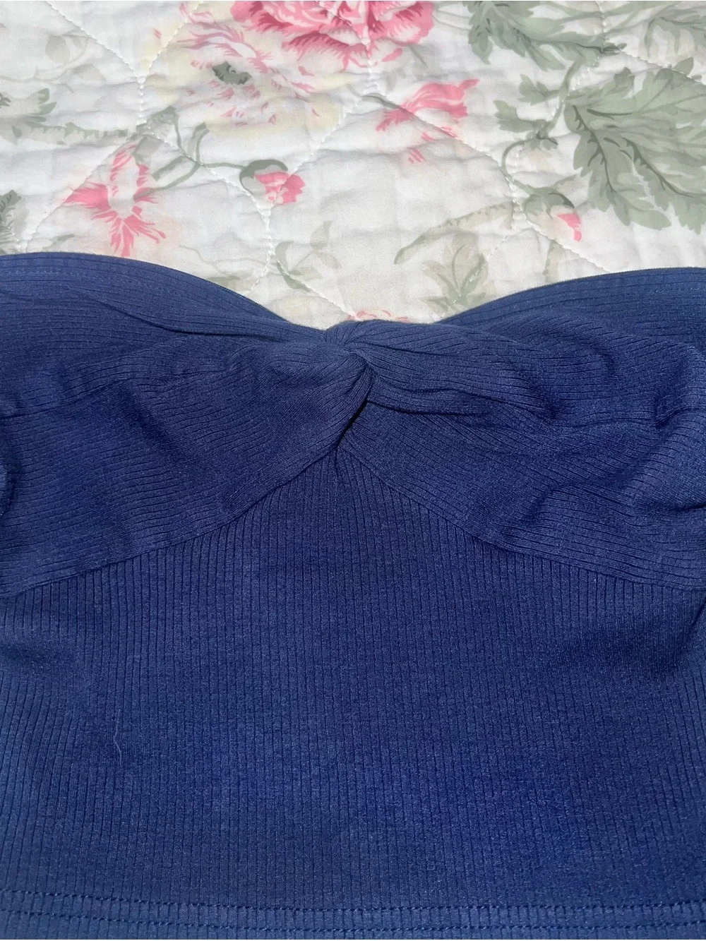 SHEIN Navy Strapless Twist-Front Ribbed Crop Top